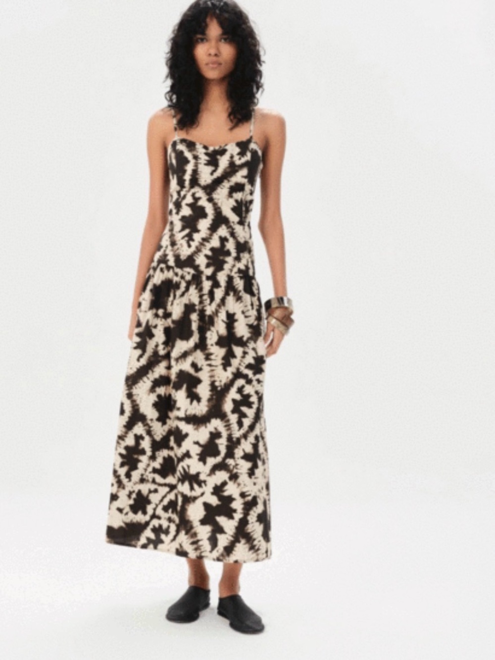Maria Cher Santa Rita Maria Spaghetti-Strap Tie-Dye Midi Dress Black & Cream S